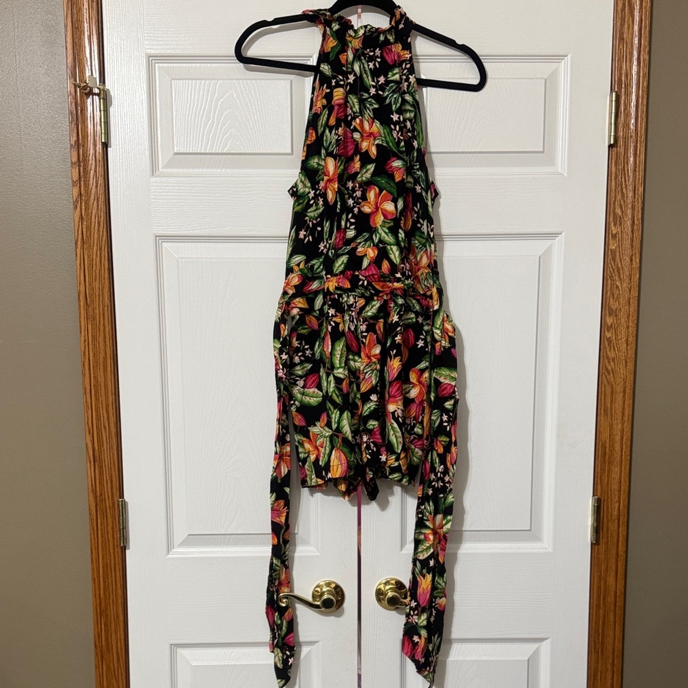 Nicole Miller Black Floral Halter Romper with Tropical Print